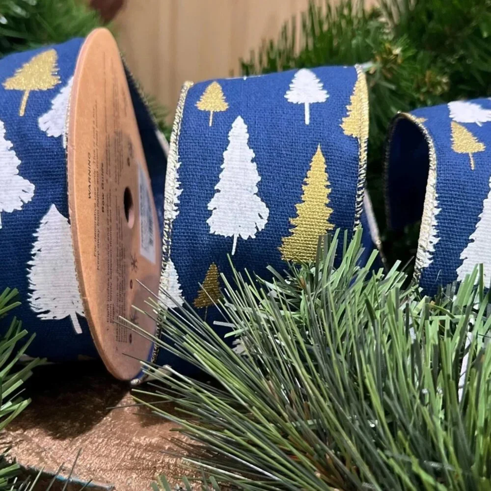 Navy Blue With Gold Stamping and White Printing Christmas Tree Design Ribbon